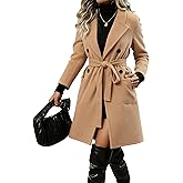 Hooever Women's Double Breasted Wool Blend Coat Winter Notched Lapel Belted Peacoat Mid Long Jacket