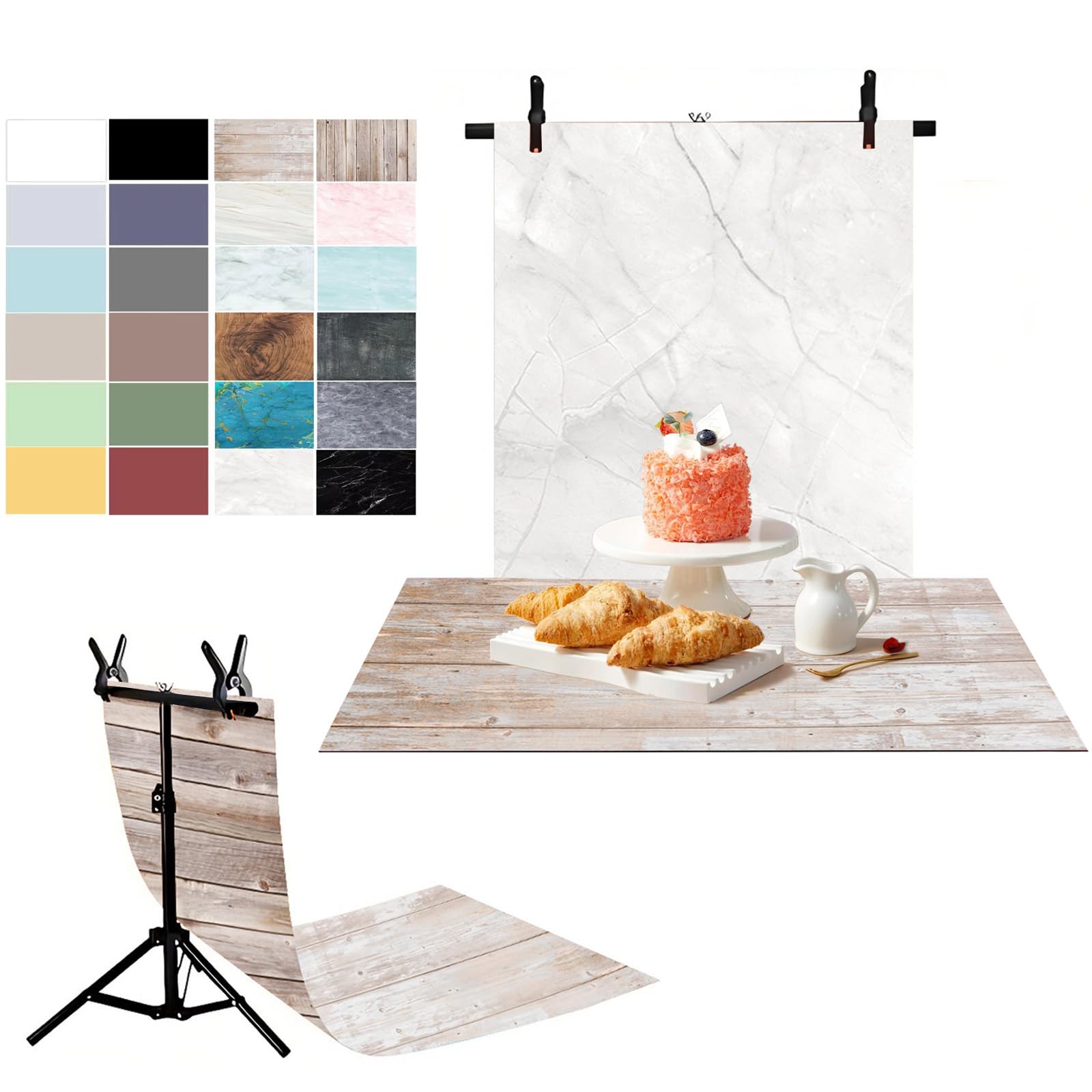 Photo 1 of 12PCS 24Patterns Photography Backdrops Small Product Background with T-Shape Stand,34x17.7in Flat Lay Seamless Paper Props,Tabletop Photo Shoot for Jewelry Food Cosmetics