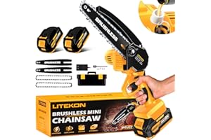 LITEKON Brushless Mini Chainsaw for Hardcore Wood Cutting, Super Power 1000W Electric Chain Saw with 2x2000mAh Lithium-Ion Battery and Quick Charger, 6 Inch