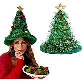 AUOCATTAIL Christmas Tree Hat Green Tinsel Glitter Golden Five pointed Star ChristmasTheme Party Holiday Xmas Hats Costume Accessories Decoration Supplies