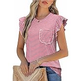 JUSTFASHIONNOW Womens Summer Tops Striped T-Shirts 2026 Ruffle Short Sleeve Crew Neck Casual Blouses with Pocket