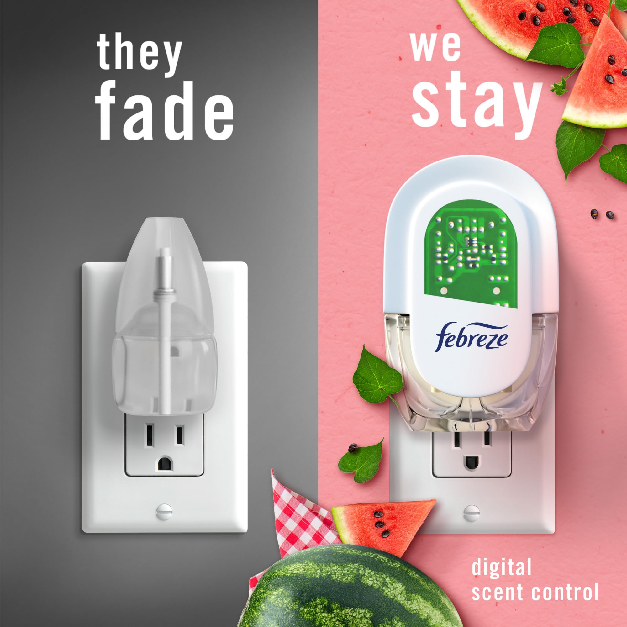 Febreze Odor-Fighting Fade Defy PLUG Air Freshener, Southern Lilac Mornings, Sweet Watermelon Vine, Pack of 4 (2 of Each), .79 fl. oz. Oil Refill