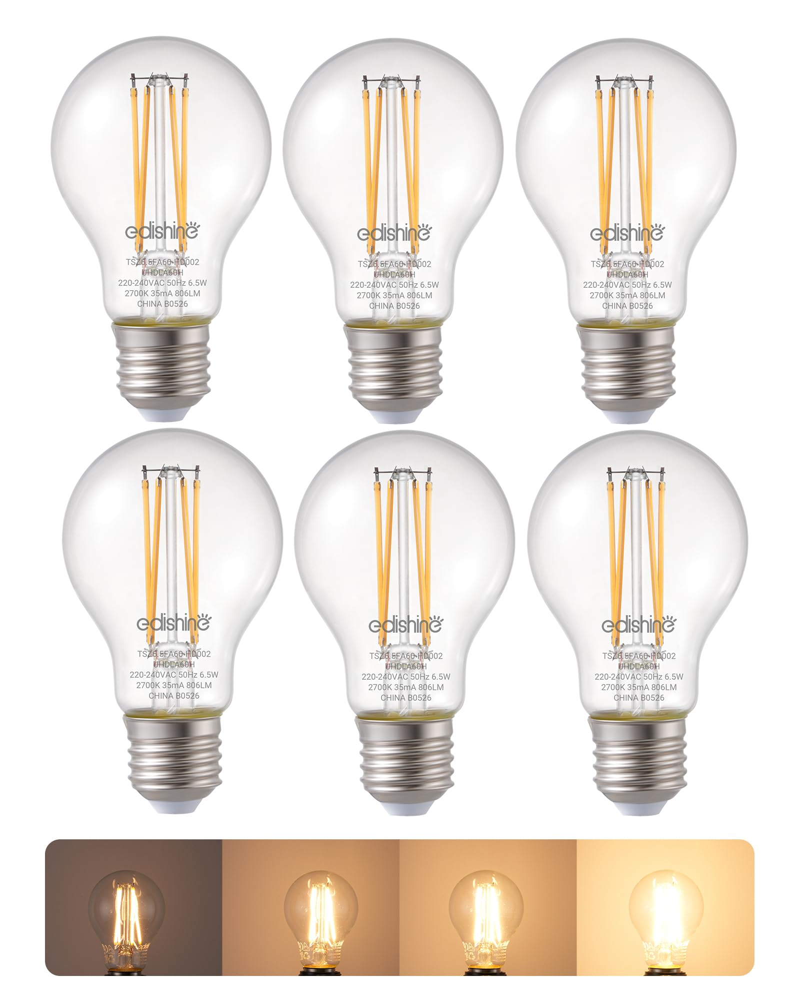 EDISHINE 6 Pack E27 Dimmable LED Edison Bulbs, E27 LED Bulbs Large Edison Screw, 6.5W 2700K Warm White, Flicker Free Energy Saving for Chandelier, Table Lamp โ image 1
