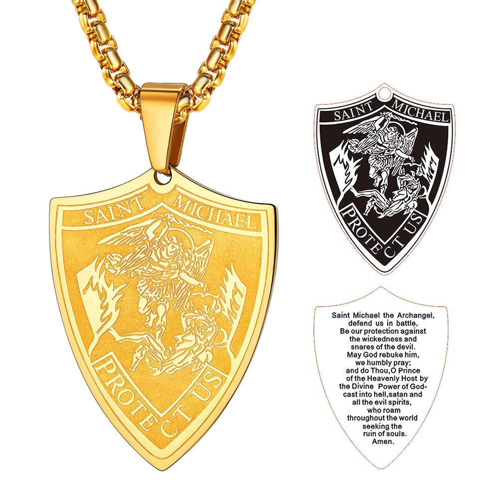 FaithHeart Gold Plated Saint Michael Necklace Pendant Stainless Steel Catholic Prayer Jewellery Archangel St Michael Shield Necklaces Amulet Jewelry Sturdy Chain Durable Clasp — image 1