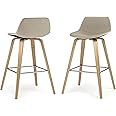 SIMPLIHOME Randolph Mid Century Modern Bentwood Counter Height Stool (Set of 2) with Light Wood in Natural Polyeseter linen fabric, For the Dining Room and Kitchen