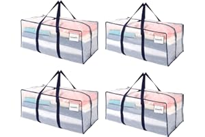 VENO 4 Pack Moving Bags Plastic Storage Totes Clothes Organization Large W Lid/Zipper. Packing Boxes/Bins Alternative. Space Saving Foldable College Supplies Essentials (Clear, 4 Pack)