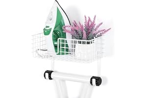 Wall Mount Iron & Ironing Board Storage Organizer with Metal Basket & Hooks - White Ironing Board Hanger for T-Legs Laundry R