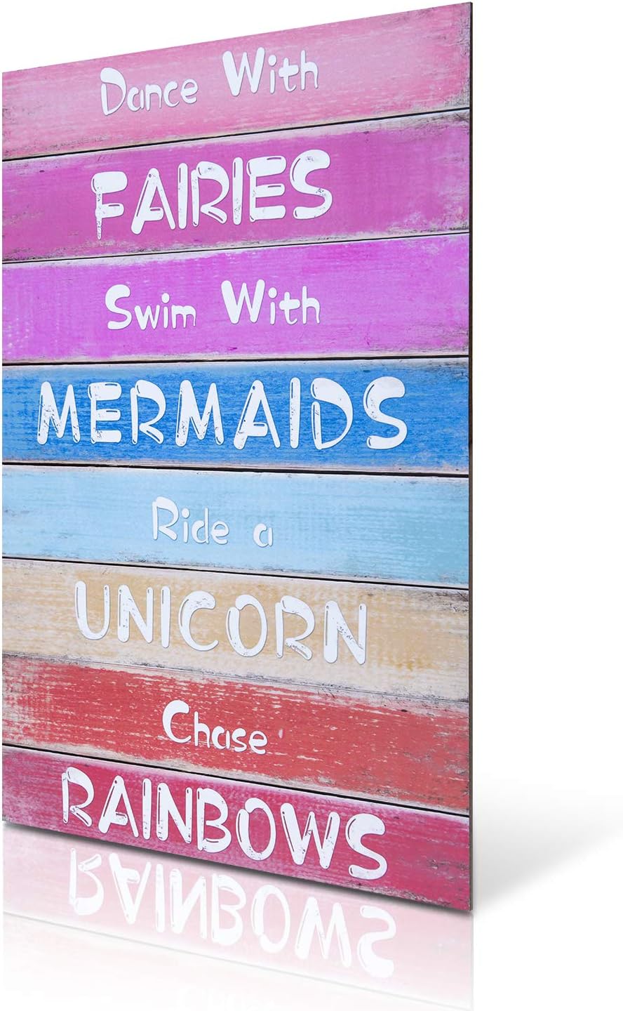 HERZOME Rainbow Unicorn Wall Hanging Sign for Girls, Wood Decorative Hanging Plaque for Kid's Bedroom, Nursery, College Dorm, Girls Room Decor. Gift for Unicorn, Mermaid, Fairy, Rainbow Lovers, 15.7x10.8