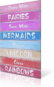 HERZOME Rainbow Unicorn Wall Hanging Sign for Girls, Wood Decorative Hanging Plaque for Kid's Bedroom, Nursery, College Dorm, Girls Room Decor. Gift for Unicorn, Mermaid, Fairy, Rainbow Lovers, 15.7x10.8