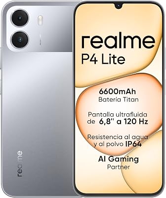 Smartphone realme P4 Lite 4G, 4GB+256GB, Pantalla LCD HD 120Hz 6,8", Batería Titan 6600mAh, Carga 15W, Carga inversa 6W, IP64 Antipolvo e Impermeable, Sistema Next IA, Gris Titan (Sin Cargador)