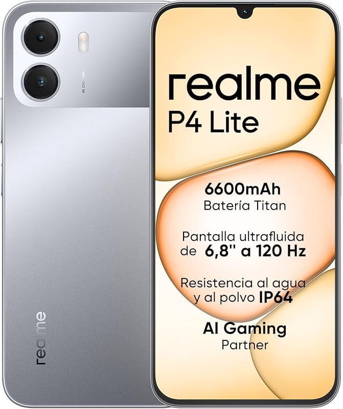 Realme P4 Lite 4G Smartphone, 4GB+256GB, ecrã HD LCD 120Hz 6.8", bateria Titan 6600mAh, carregamento de 15W, carregamento reverso de 6W, IP64 à prova de pó e à prova de água, Next AI System, Titan Gray (sem carregador)