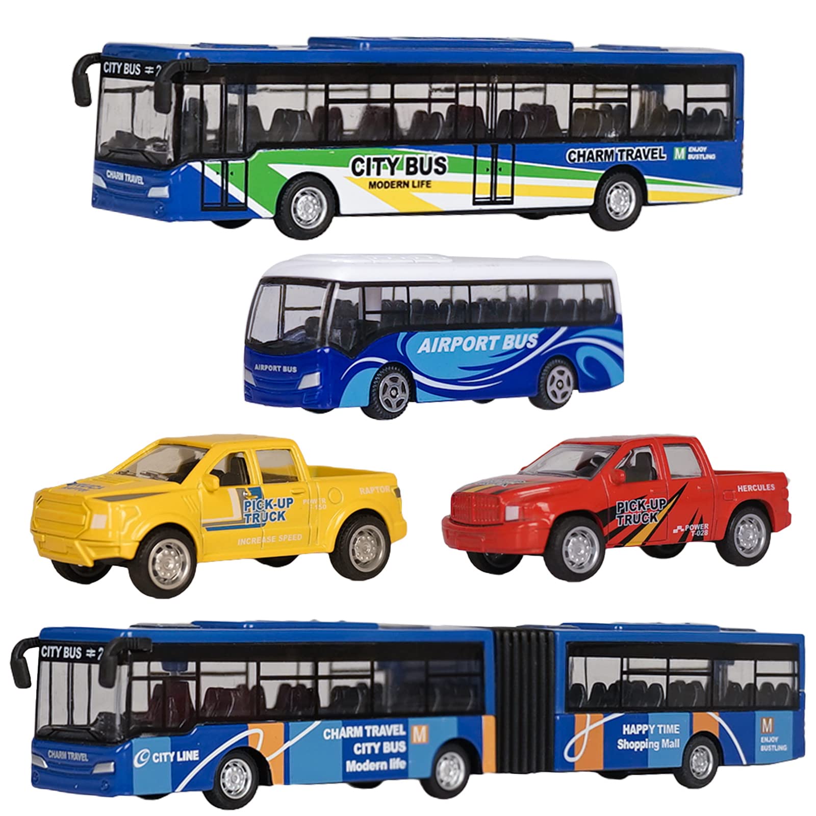 Crelloci 5Pcs Bus Toy Die Cast Pull Back Model Bus Set 3 Stagecoach Coach City Buses and 2 Mini Pickup Truck Kids' Play Car Set 3 4 5 Year Old Boys Girls Toddlers