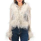 LVCOMEFF Real Ostrich Feather Trim Mesh Crop Top See-Through Black Sheer Shirt Jacket Clubwear Y2k