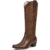 wetkiss Cowboy Boots for Women Cowgirl Boots with Floral Embroidered Pointed Toe Chunky Heel Side Zipper Retro Vintage Classic Tall Boots for Ladies