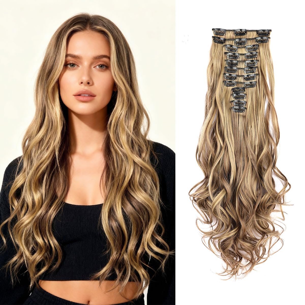 Clip in Hair Extensions 12PCS Light Blonde with Golden Highlights Hairpieces Long Wavy Clip in Ombre Hair Extension for Women Full Head Synthetic 22Inch 180g Soft and Thick