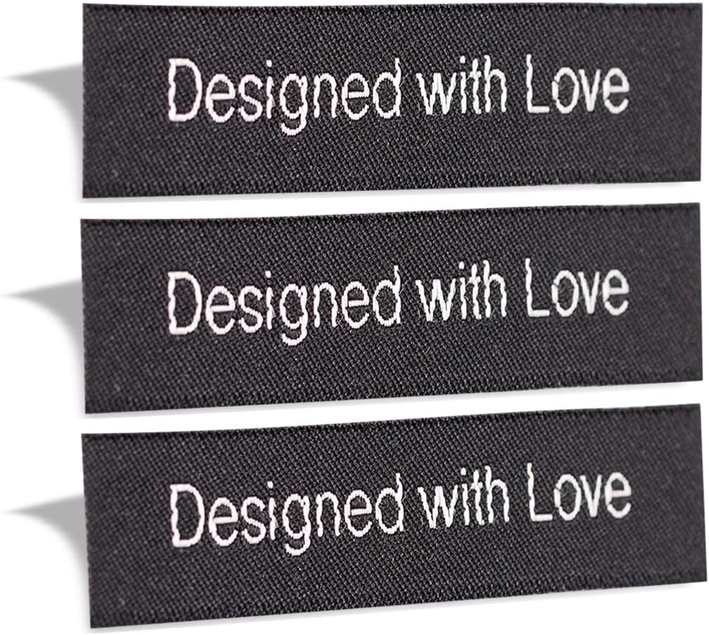 Wunderlabel Designed with Love Crafting Craft Art Fashion Woven Ribbon Ribbons Tag for Clothing Sewing Sew on Clothes Garment Fabric Material Embroidered Label Labels Tags, White on Black, 25 Labels