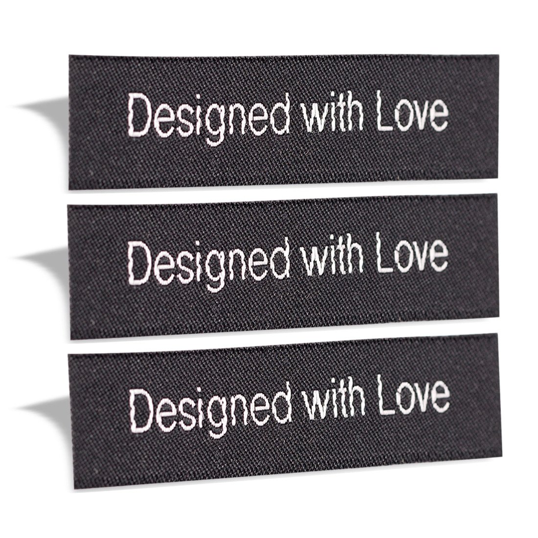 Wunderlabel Designed with Love Crafting Craft Art Fashion Woven Ribbon Ribbons Tag for Clothing Sewing Sew on Clothes Garment Fabric Material Embroidered Label Labels Tags, White on Black, 25 Labels