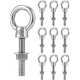 QWORK Threaded Eyebolts, 10 Pack 3/8" x 2" Long 304 Stainless Steel Marine Grade Shoulder Eye Bolt