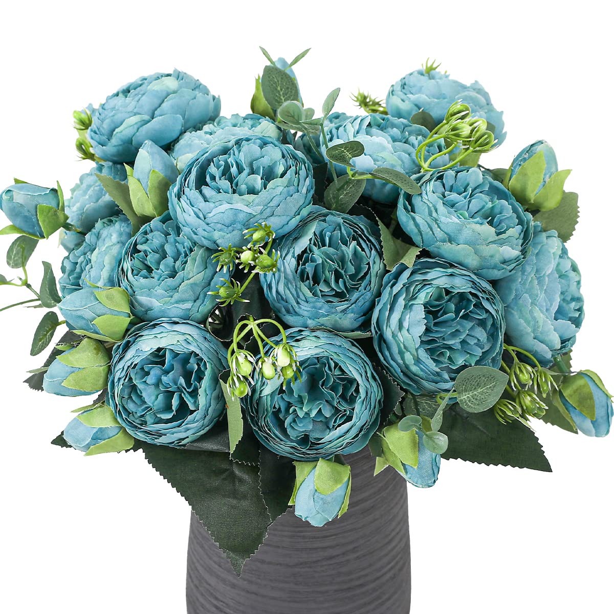 LUWENER 4 Bunches Peony Artificial Flowers, 20 Heads Silk Peonies Bouquets Blue Flowers for Wedding Centerpiece Garden Party Home Decor Elegant Vintage Fake Peonies (Blue)