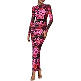 PRETTYGARDEN Womens Long Sleeve Maxi Dresses 2026 Spring Ruched Bodycon Floral Mesh Formal Wedding Guest Cocktail Party Dress