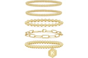 adoyi Gold Silver Bracelets for Women Beaded Bracelet 14K Gold Plated Bracelet Stack Initial Letter A-Z Strand Stretch Bead Stackable Bracelet Set Adjustable Jewelry Gift for Women