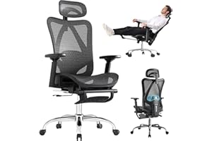 MARRAP Ergonomic Office Chair, 3-Level Tilt Backrest, 3D Headrest & Armrest and Retractable Footrest, Mesh Breathable SGS Class 4 Gas Clylinder, Dark Grey and Black