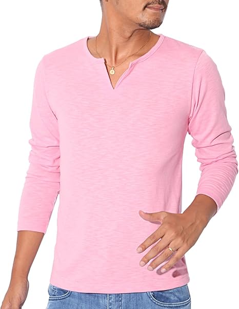 Amazon スラブキーネックロンt Bitter Tシャツ メンズ 長袖 ロンt キーネック スラブ 無地 ピンクl Tシャツ カットソー 通販