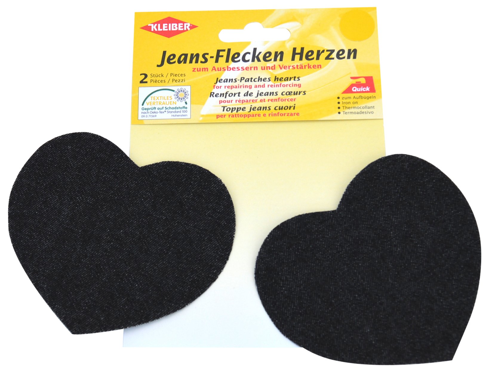 Kleiber Iron On Denim Jean Heart Shaped-Black-2 Patches,ca. 8,5 cm x 10,5 cm