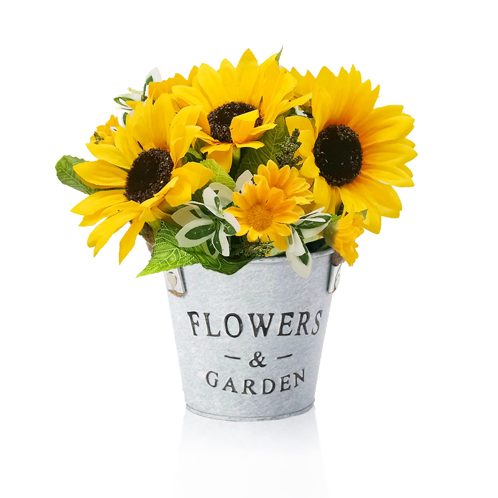 METODIM Artificial Plant Sunflowers, Decorative Artificial Flowers in Pot Metal, Fake Green Pot Plants, Mini Artificial Sunflowers Desk Plants, Small Indoor Outdoor Decor House Office Kitchen Garden