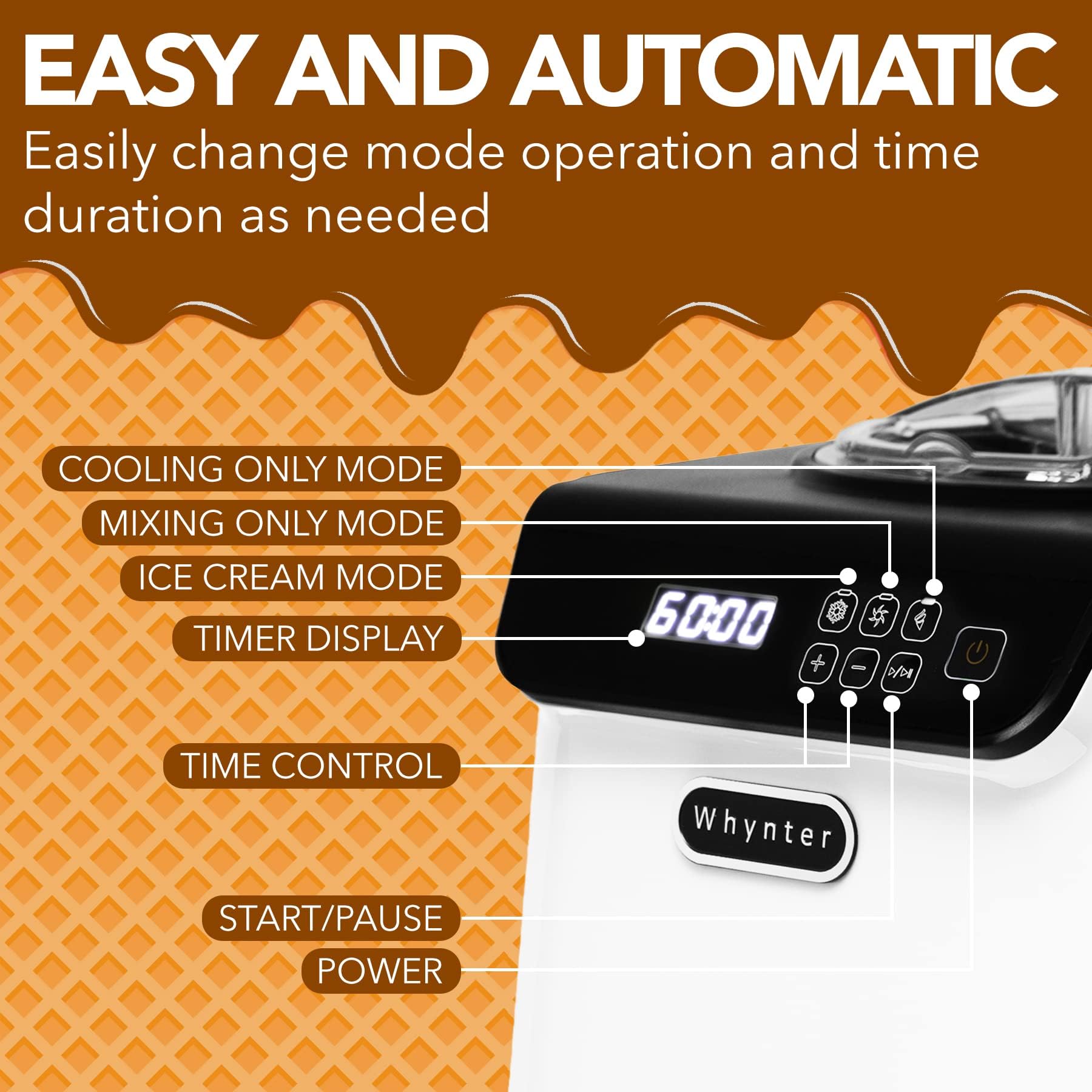 Whynter Ice Cream Maker Machine Automatic 1.28 Qt Upright with Built-in Compressor, LCD Digital Display & Timer, No Pre-Freezing, ICM-128WS, White