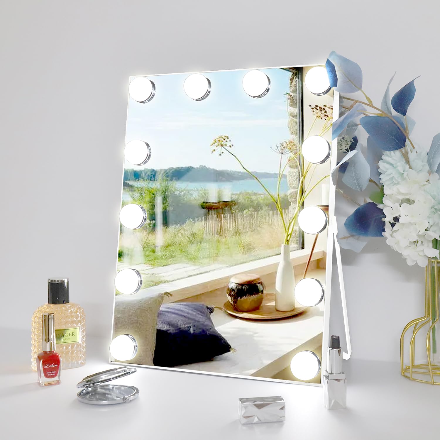 Photo 1 of Sadrery 10"x 12" Vanity Mirror with Lights, Hollywood Lighted Makeup Mirror with 3 Color Modes and 12 Dimmable Diamond LED Light Bulbs, Touch Control for Bedroom, White