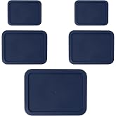 Replacement Lids for Pyrex Rectangular Glass Dishes 5 Pc Set, Navy | 3, 6, 11 Cup Sizes, BPA-Free Plastic Covers, Fits 7210, 7211, 7212 Food Storage Containers, Secure-Fit, Dishwasher Safe
