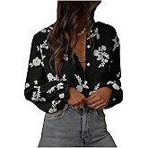 SweatyRocks Women's Floral Blouses Dressy Casual Button Down Shirts Bishop Sleeve Boho Fall Tops