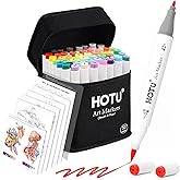 HOTU Alcohol Markers Brush Tip and Fine Tip 50 Colors Dual Tips Art Marker Set with Coloring Cards, Bleed-prevention Pad, Alcohol-based Markers for Adult Coloring Book, Illustration, Design
