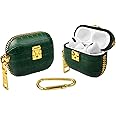 WEISHIJIE Case for AirPods Pro, Airpods Pro Case Cover, Genuine Leather AirPods Case with Crocodile Pattern & Electroplating Metal Keychain & Gold Buckle (Green)