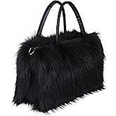 Aurornim Women's Faux Fur Crossbody Tote Purse, Black Leather Handle Fluffy Fashion Shoulder Handbag
