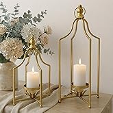 12.5" &amp; 16.5" Timeless Cozy Decorative Lanterns Set of 2, Handcrafted Metal Iron Candle Holders, Farmhouse Elegance Fireplace Mantel Table Festive Gatherings Decor (Antique Gold)