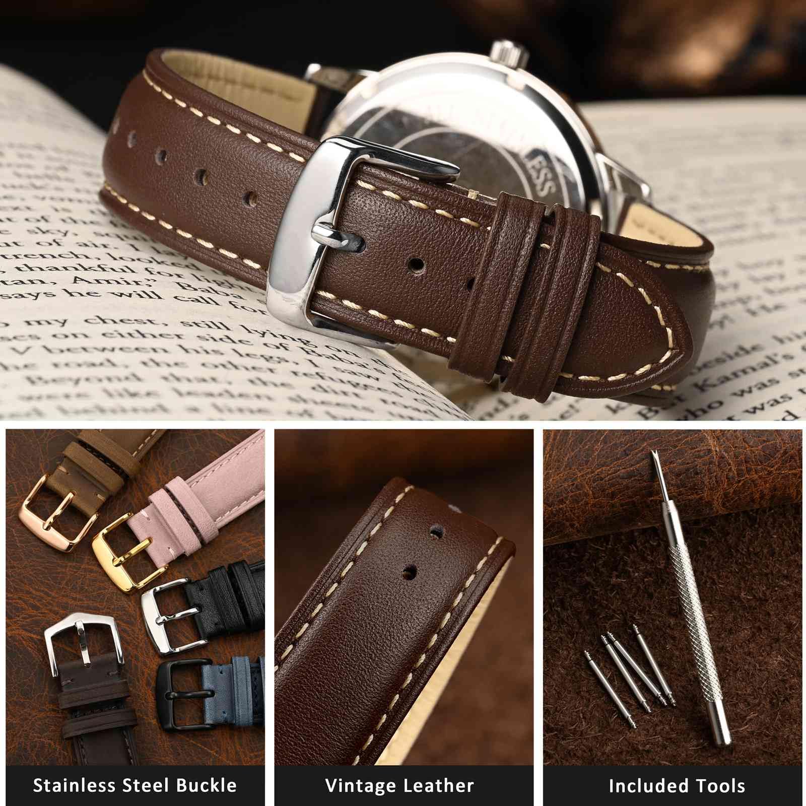 WOCCI 20mm Vintage Leather Watch Band for Men and Women, Silver Buckle (Dark Brown/Contrasting Stitch)