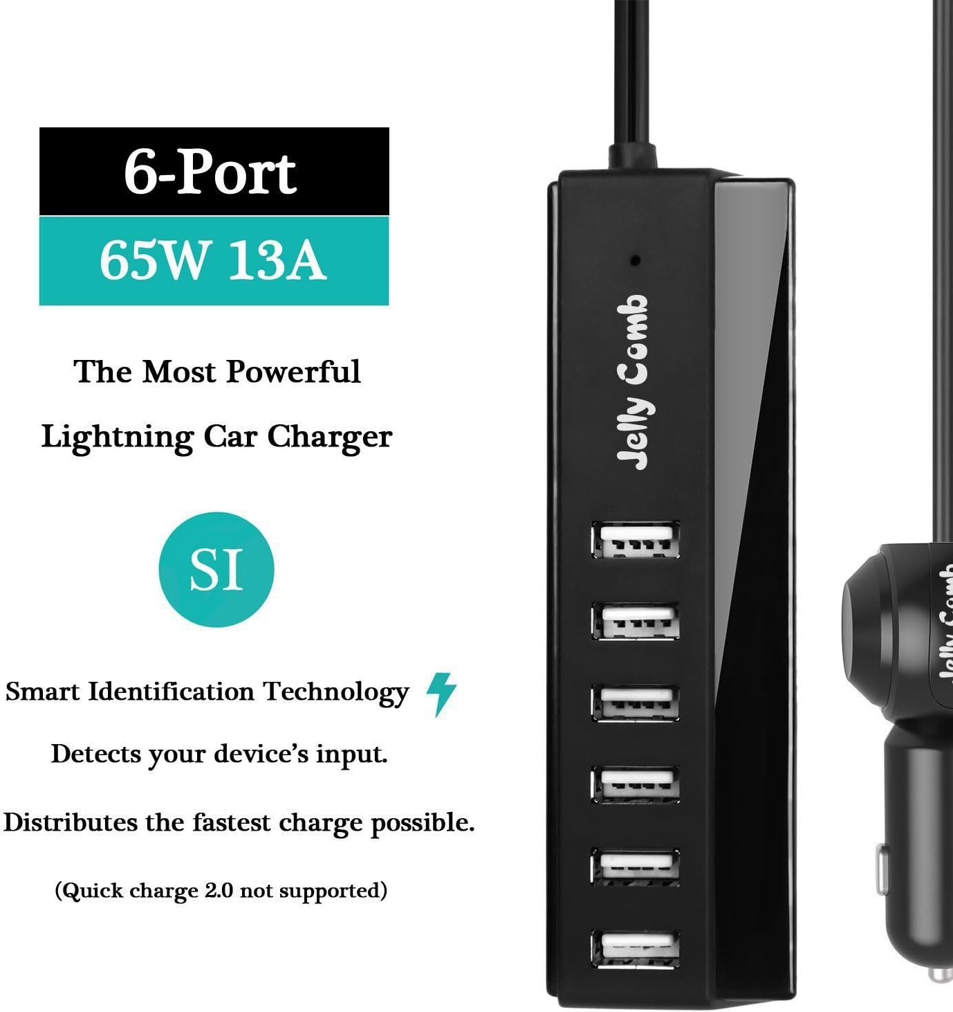 Car Charger Adapter, Jelly Comb 6 USB Multi Ports Car Charger, 65W Rapid Car Charger with Smart Identification for Cell Phones, Tablets and Other USB Devices