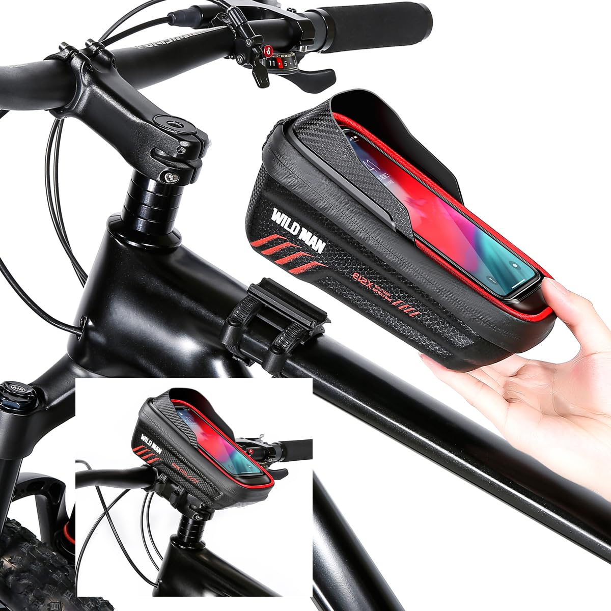 Bike Frame Bag, Bike Handlebar Bag, Waterproof Cycling Front Top Tube Pouch Pannier Bicycle Phone Mount Holder Cycle Crossbar Storage Bags for iPhone 16 15 14 13 12 11 Pro Max Smartphone Below 6.9''