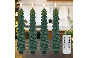 Lasumora Christmas Tree Candles with Remote Timer, 4 Pcs Waxy Flameless Taper Candles Flickering, Battery Operated LED Candlesticks with 3D Flame Wick, Green Window Candle for Christmas Decorations