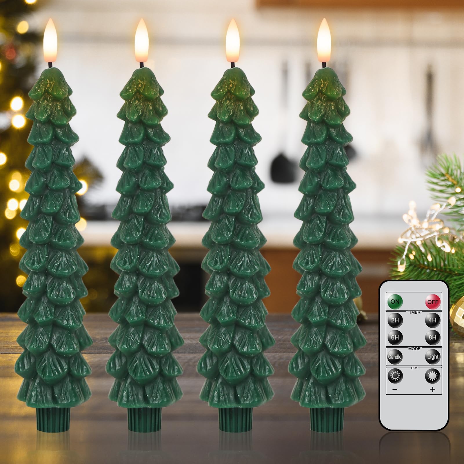 Photo 1 of Lasumora Christmas Tree Candles with Remote Timer, 4 Pcs Waxy Flameless Taper Candles Flickering, Battery Operated LED Candlesticks with 3D Flame Wick, Green Window Candle for Christmas Decorations