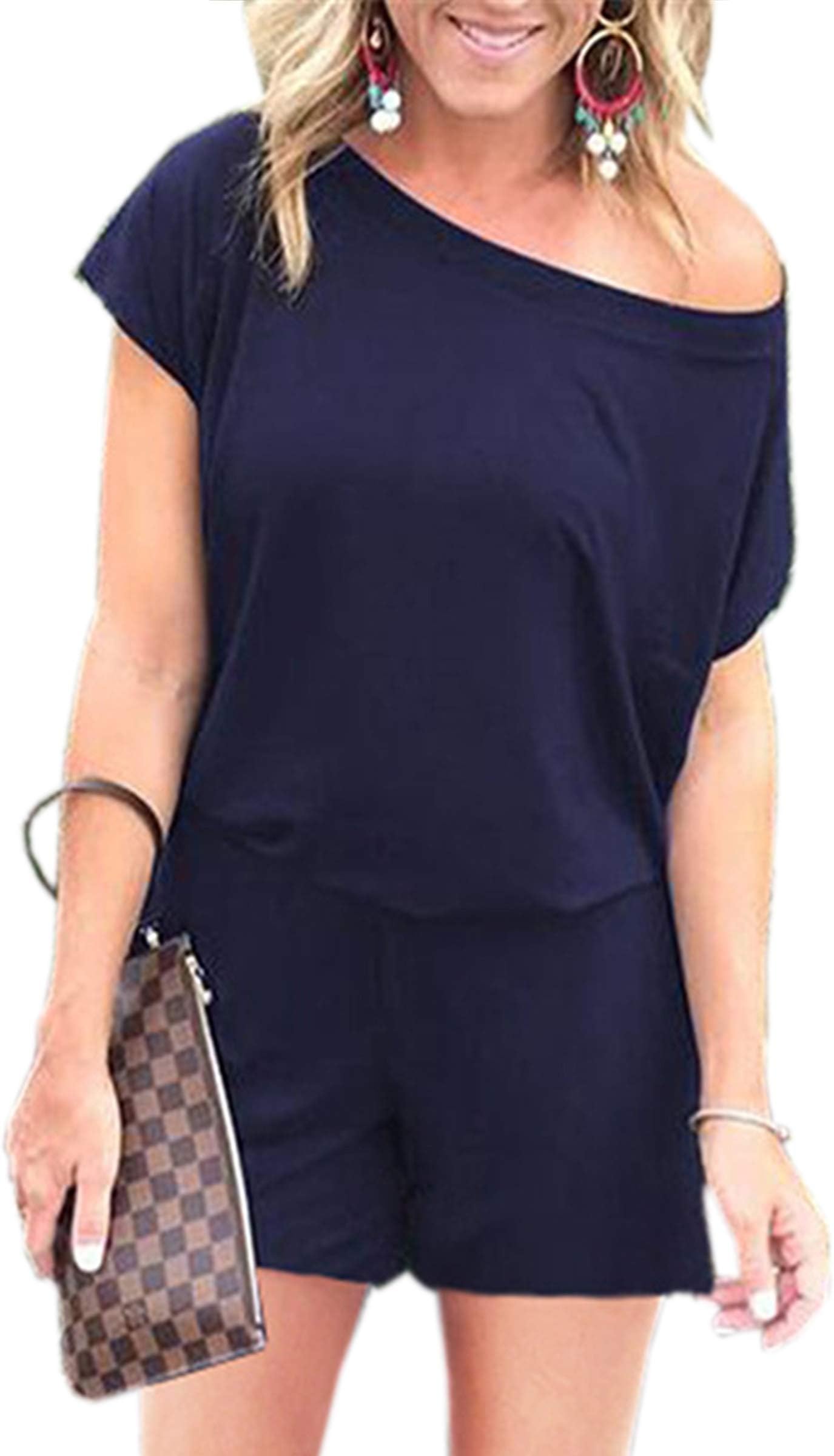 Women's Jumpsuits - Crewneck One Off Shoulder Short Sleeve Elastic Waist Romper Playsuits with Pockets