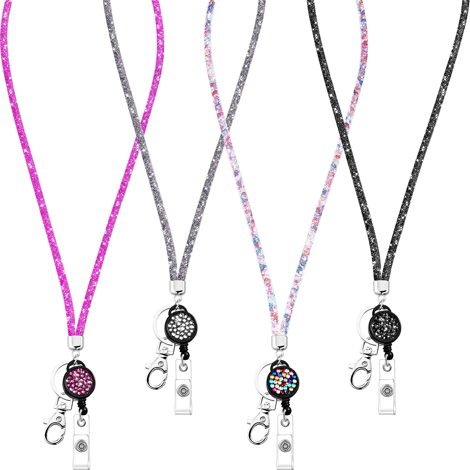 Frienda 4 Pieces Crystal Lanyard Necklace with Retractable Badge Holder and Keyring, ID Card Bling Rhinestone Strap (Black, Grey, Multi-Color, Rose Pink), total lanyard length: approx. 17.72 inch