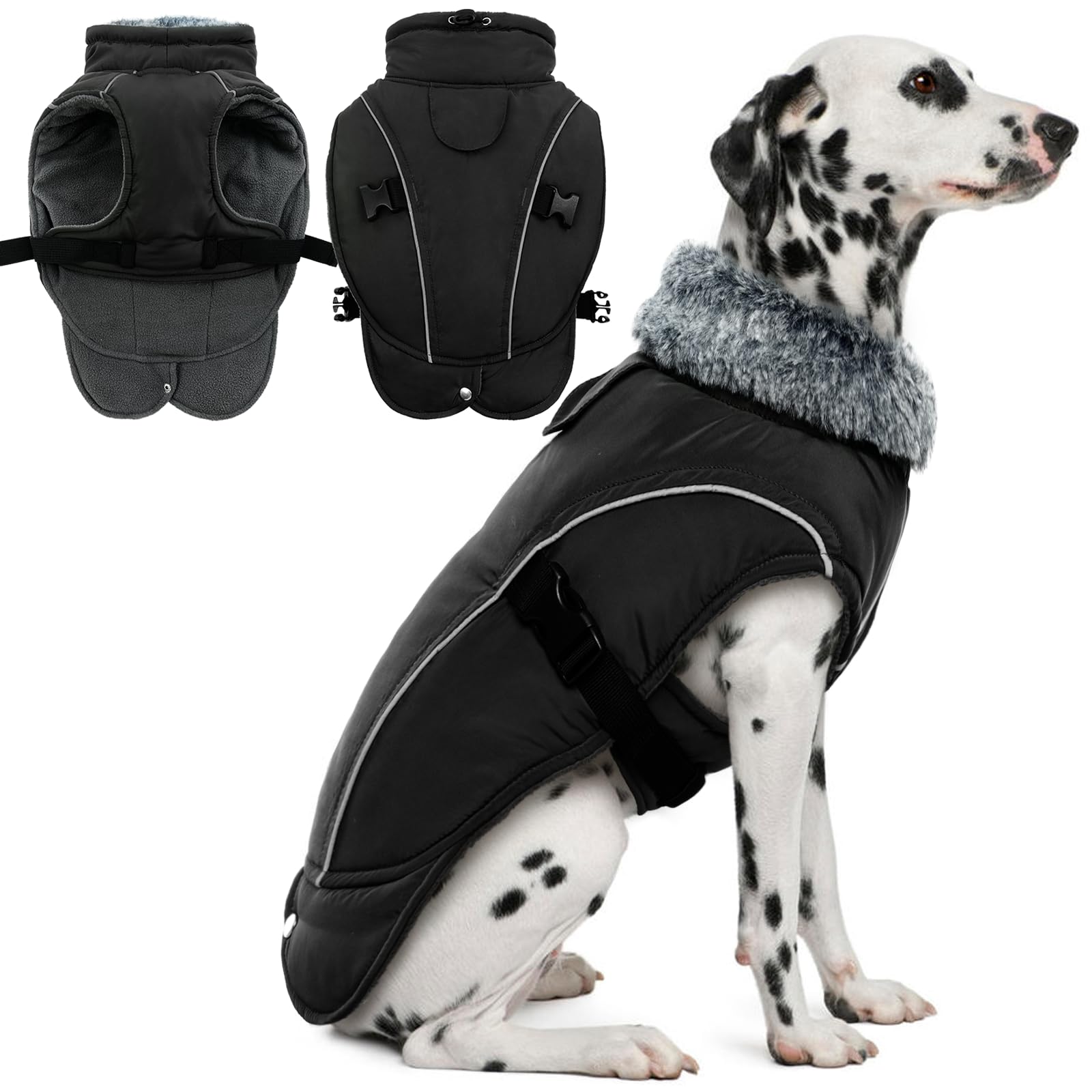 DENTRUN Winter Warm Dog Coat Reflective Jacket with Turtleneck for Cold Weather, Adjustable Buckle Windproof Water Repellent, Thick Snowsuit Fleece Vest for Small, Medium, Large Dogs, Black, XXL Image