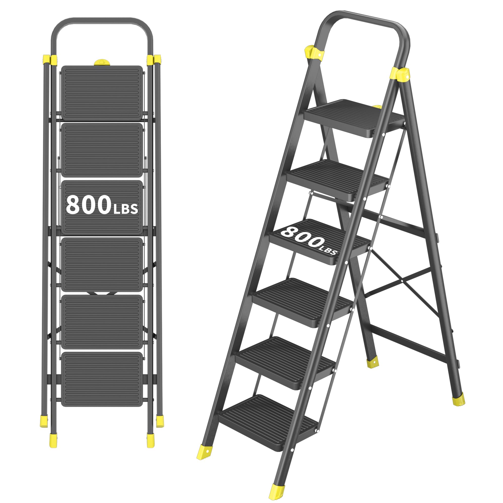 DIAMONDFORGE 6-Step Foldable Step Ladder Stool with Handle, Anti-Slip Wide Pedals & Feet, 800lbs Capacity, Sturdy Stepstool Folding for Adults in Home & Kitchen Use - Black Yellow Image