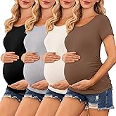 Ekouaer 4 Packs Women’s Maternity Shirts Short Sleeve Side Ruched Pregnancy Tee Tops Tunic Blouse Mama Clothes