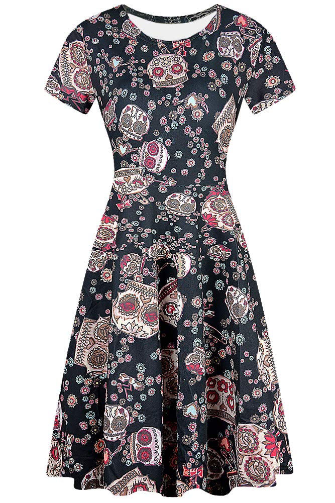 Halloween Dress For Women Short Sleeves Printed Vintage Style ALine Party Dresses Halloween Day