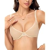 Plusfreeee Sexy Women's See Through Mesh Balconette Bras for Women Demi Sheer Unlined Unpadded Lace Bra Plunge Bralette