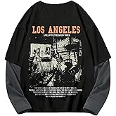 GORGLITTER Men's Y2k Goth Shirt Jersey Letter Graphic Color Block Oversized Long Sleeve Crewneck Vacation Tee Tops